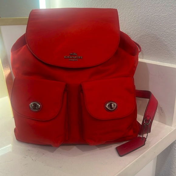 COACH New York Red Nylon Leather Backpack Drawstring Turnlock F58814 Light EUC - Picture 2 of 13